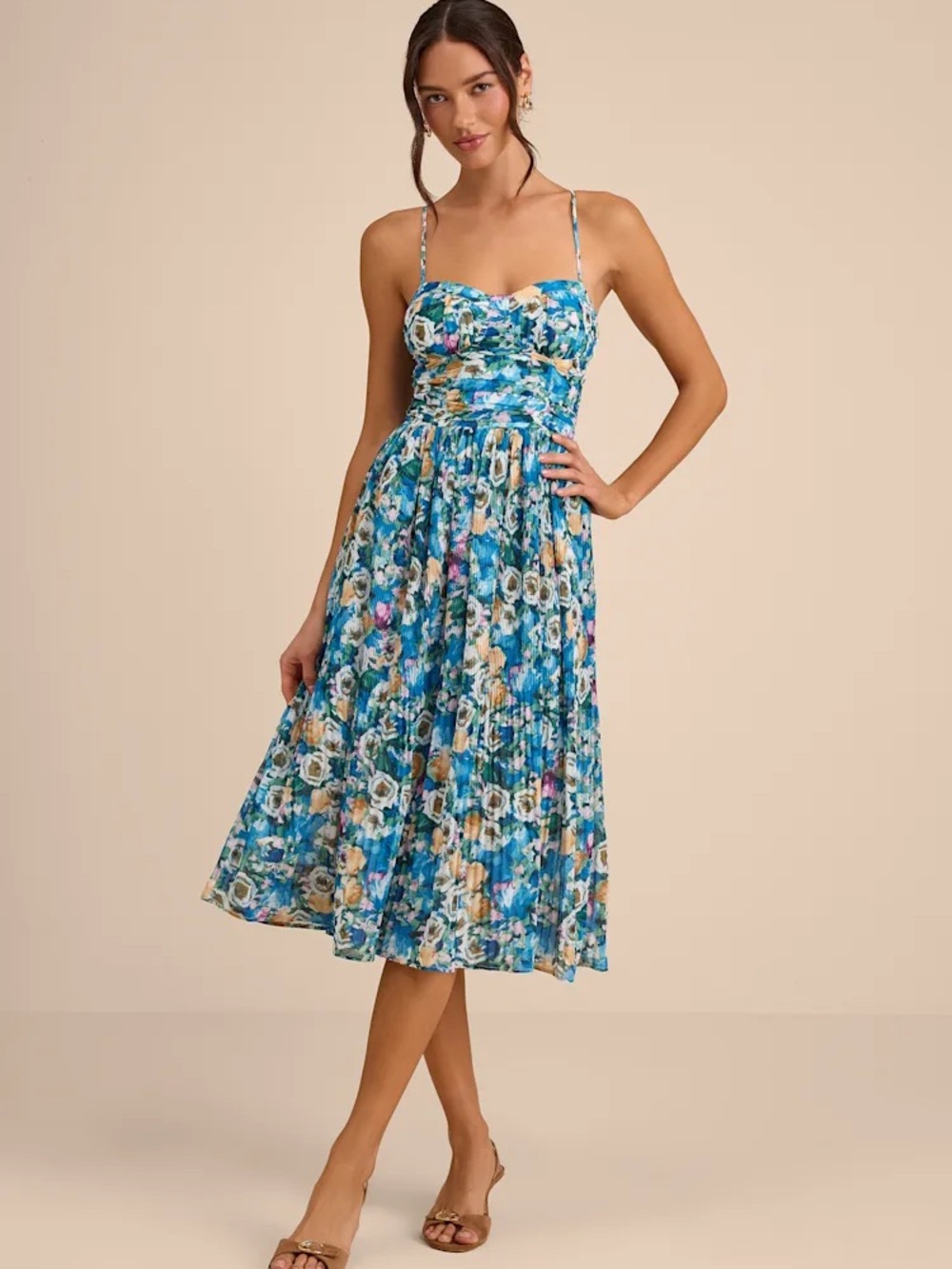 Lulu's Blue Floral Midi Dress with Spaghetti Straps